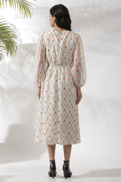 White Polka Dot Printed Gathered Western Dress - Image 4