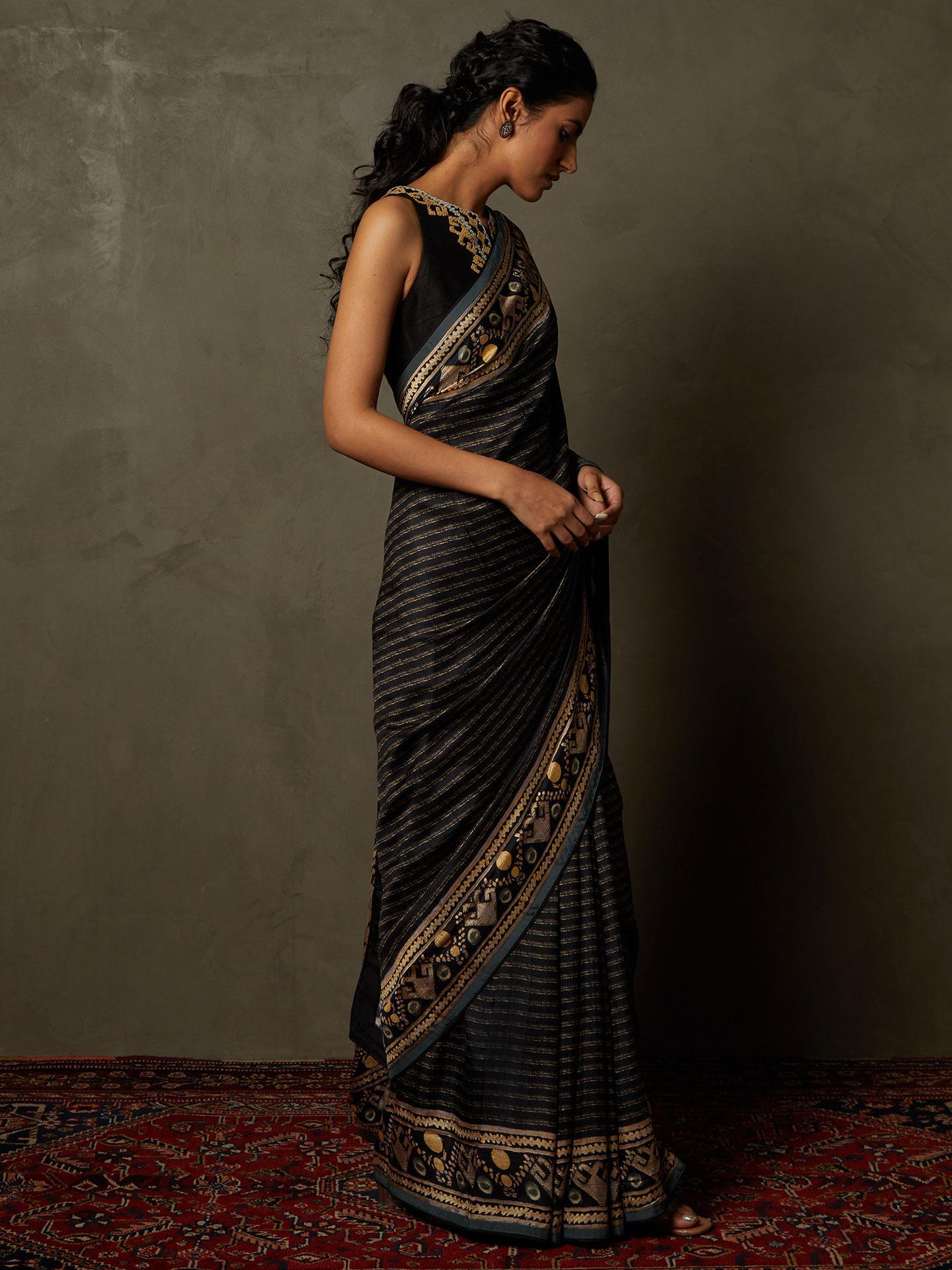 Black &amp; Beige Noni Saree With Stitched Blouse - View 5