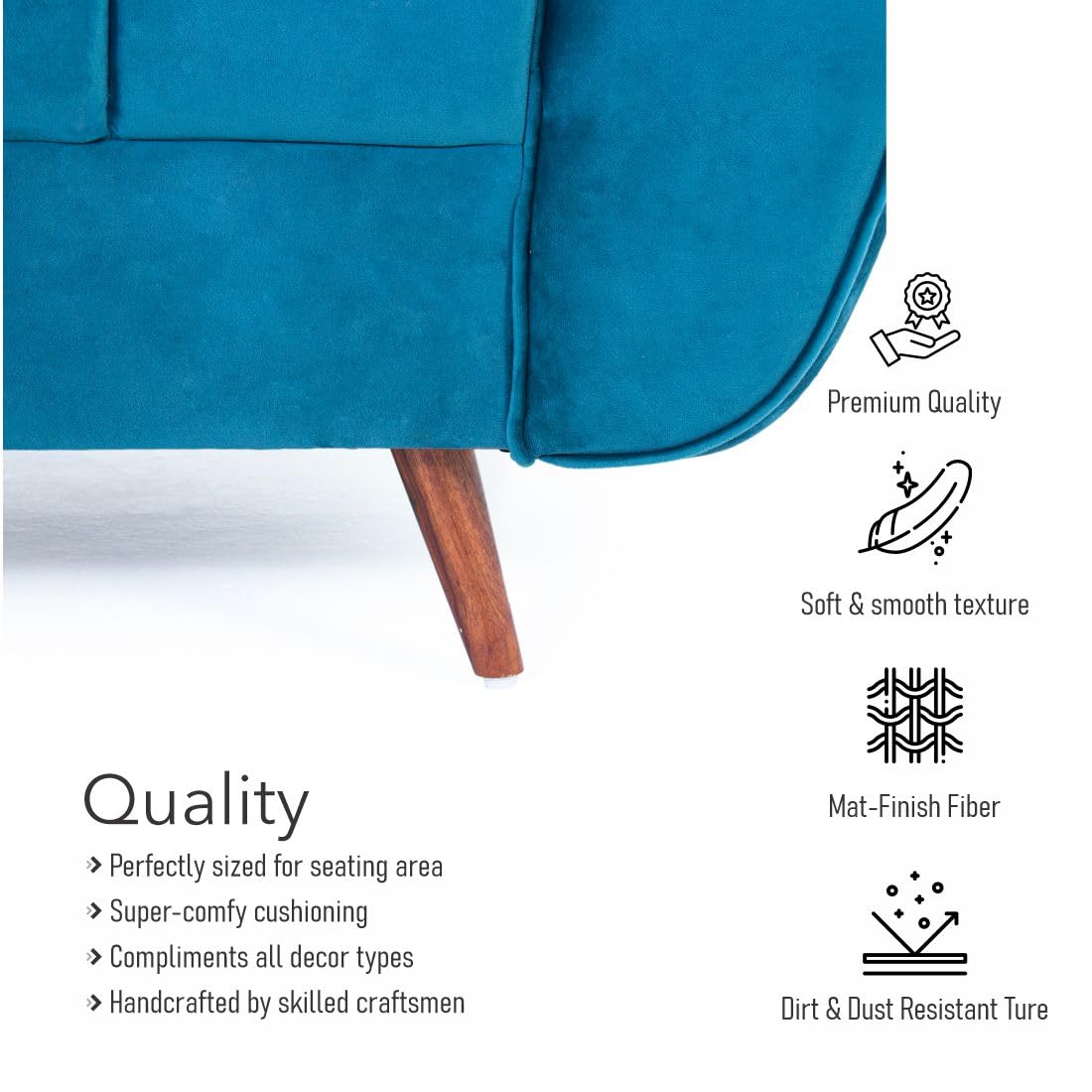 Peachtree Eden 2 Seater Sofa for Living Room| Sofa with 2 Cushions, 3 Year Warranty, Velvet Fabric Sofa with Mango Wooden Frame &amp; Sheesham Wood Legs | Padded Armstyle (Teal Blue) - View 5