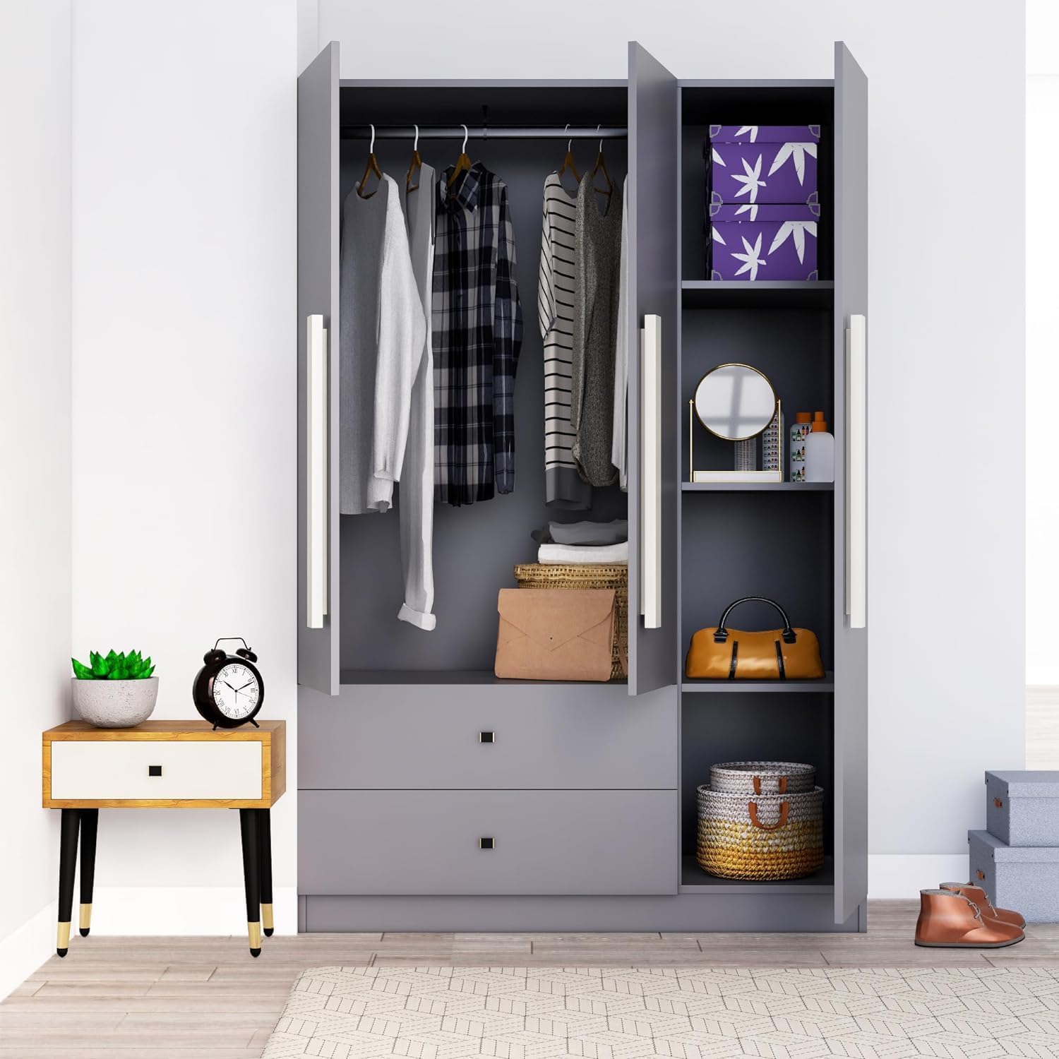 Bniture Wooden Almirah for Clothes, Door for Bedroom, 3 Door Wardrobe with 2 Drawer &amp; Hanging Space (40D x 120W x 180H CM) | 3 Year Warranty (Giant Wood &amp; Slate Grey) - View 4