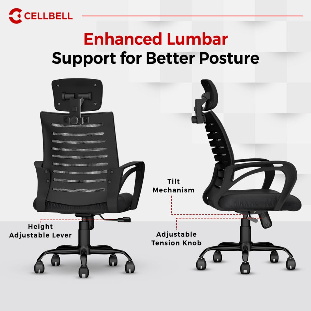 Office Chair - Adjustable Seat Height, Sturdy Metal Base, Revolving Study & Computer Chair for Work from Home, Black - View 3